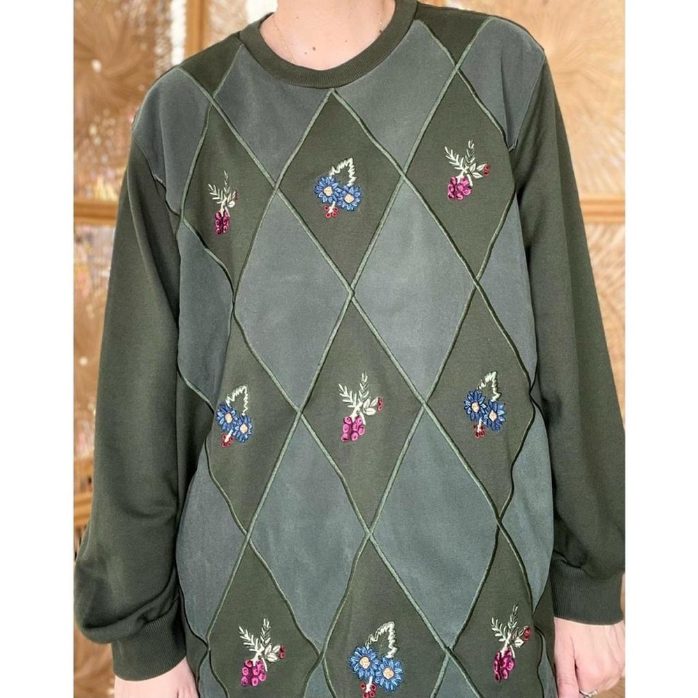 Vintage Green Embroidered Argyle Sweater with Floral Pattern Alfred Dunner XL